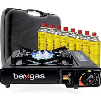 BayGas Camping Gaskocher Piezo-Zündung mit Koffer (Kocher mit 8x Gas)