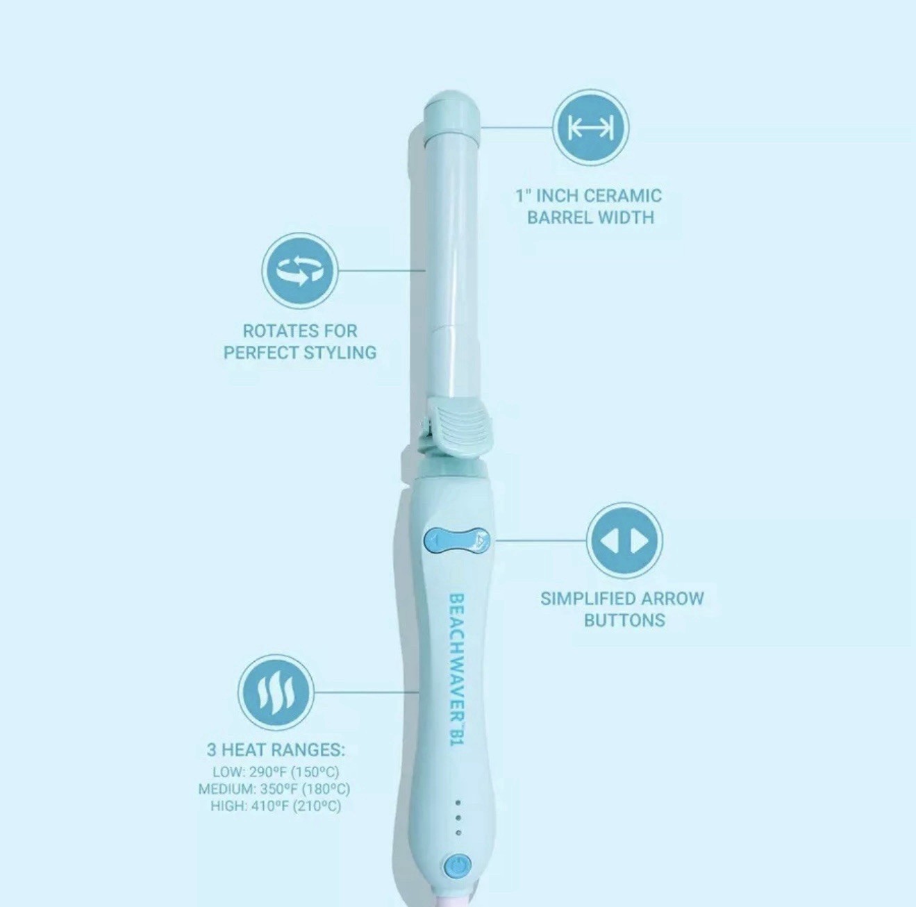 Beachwaver RARE pastel Soft Baby Minty Sky Aqua Blue 1” Barrel Curling Iron EUC