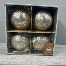 Tinsel and Fir Set Of Four Glass Ornaments With Gold Glitter Embellishments NIB