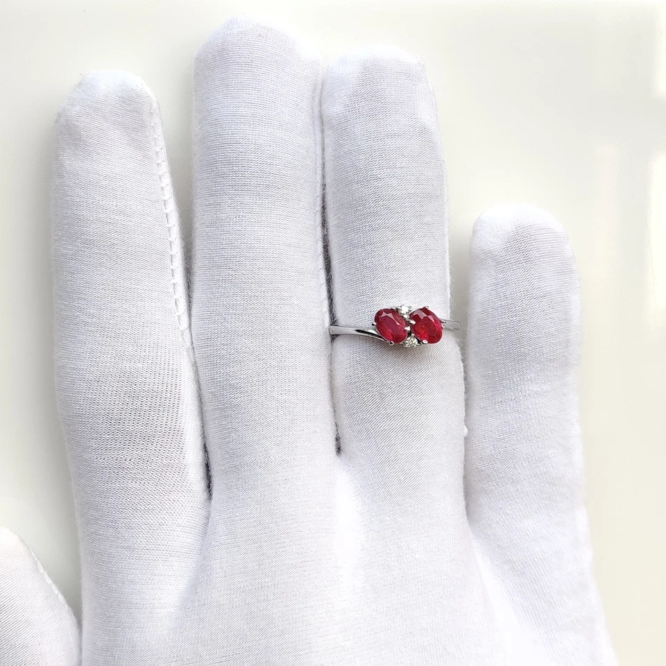 Sterling Silver Ruby Ring • Twin Oval Gemstones • Diamond Accent Design • Gift - Image 3 of 4
