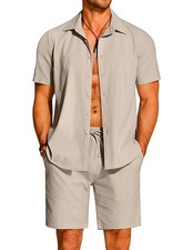 Men's Cotton Linen Short Sets Outfits 2 Piece Short Sleeve Button Down Shirts...