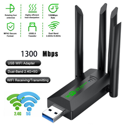 WIFI Adapter WLAN USB 3.0 Stick 1300Mbps Dual-Band Dongle 4 Antenne für PC AG