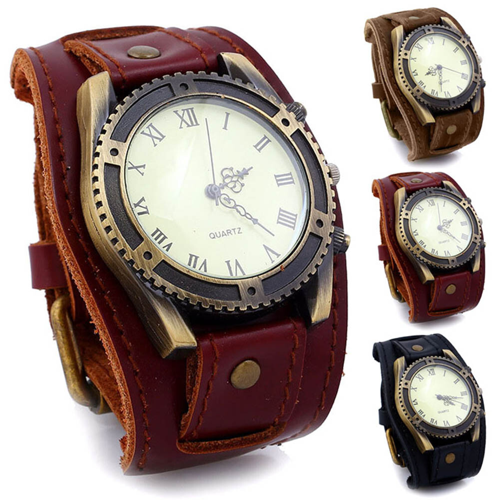 Retro Big Wide Genuine Leather Strap Watch Men Punk Quartz Cuff Watch Wristwatch
