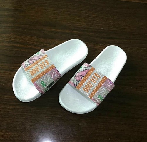 Money Print Rhinestone Slides, Summer Statement Sandals, Bands 10k Bling Slides - 第 3/8 張圖片