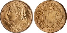 SVIZZERA, ORO 20 FRANCHI 1930 B - ICG MS 66, RARO9