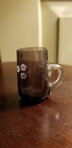 ANTIQUE BOHEMIAN DOLL MINIATURE ART GLASS ENAMEL FLORAL MUG CUP