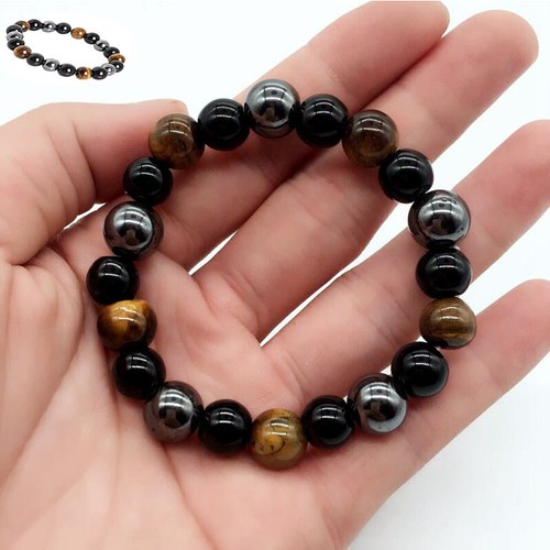 Heilungsperle dreifaches Schutzarmband von Tigern Auge Hämatit Obsidian Armband - Bild 4 von 11