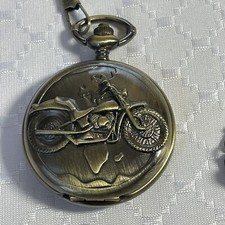 Pocket Watch Gold Tone Face Motorcycle with Chain