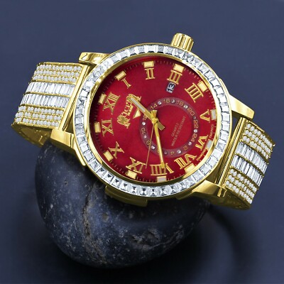 New Icy Yellow Gold Tone White Baguette Red Face Dial Custom Band Luxury Watch