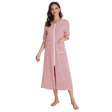 RH Women Zipper Robe Loungewear Striped 3/4 Nightgown Pockets Housecoat RHW2899