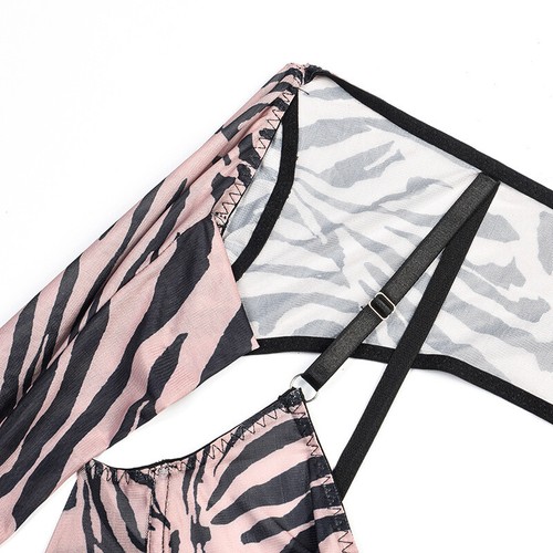 Set slip reggiseno modellante corpo vestito aderente lingerie trasparenti a rete stampa zebrata - Foto 17 di 22