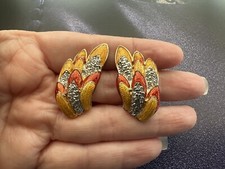 JUDITH LEIBER Bird Wing Clip On Earrings Enamel & Crystal Original Box Vintage
