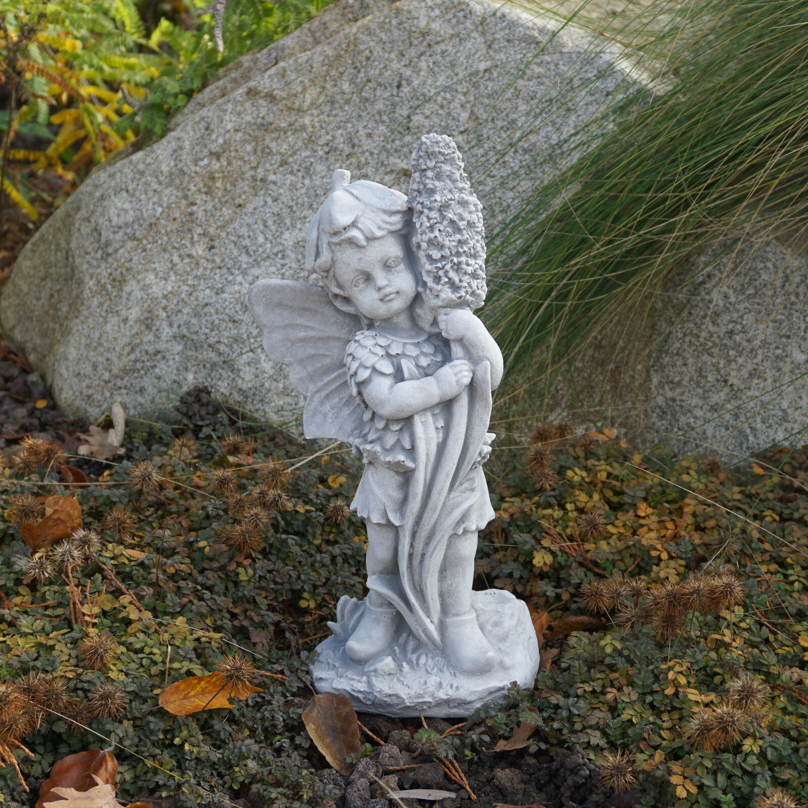 Fairy Elf with Hyacinth Stone Figurine 32cm 3kg Grey White Concrete Frost Proof