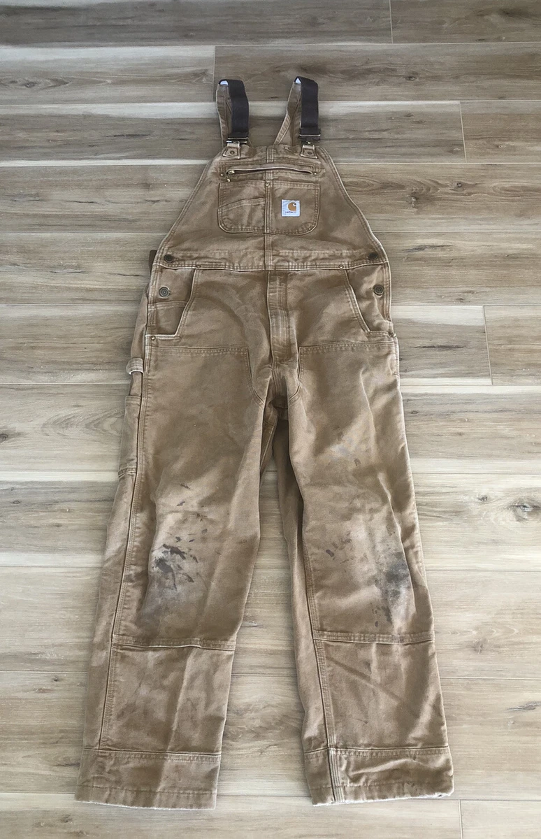 Vintage Carhartt Dungarees Mens 36 x 30 Beige Overalls Canvas Double Knee USA