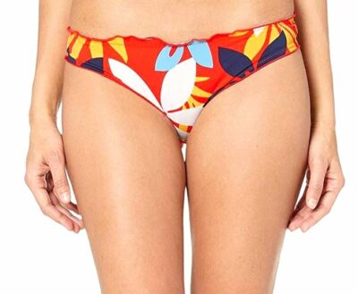 orange ruffle bikini with floral bottom