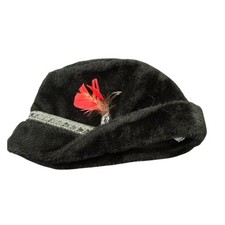 Women's Black Furry Hat with Red Feather and Decorative Band L