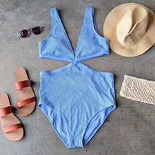 Aerie Ribbed Cut Out One Piece Swimsuit Blue large long NWT