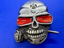 Red Eyed Skull Holding Rose in Teeth Cutout Gothic Punk Biker Vibe Belt Buckle