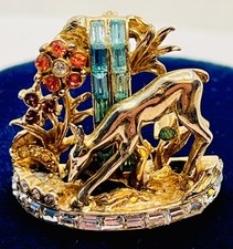 Important Signed Coro Craft Woodlands Deer At Waterfall Brooch-Rare Design