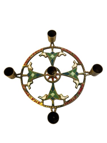 Vintage Terra Sancta Gilde Messing Emaille Adventskranz Kerzenhalter MCM 60er - Bild 1 von 5