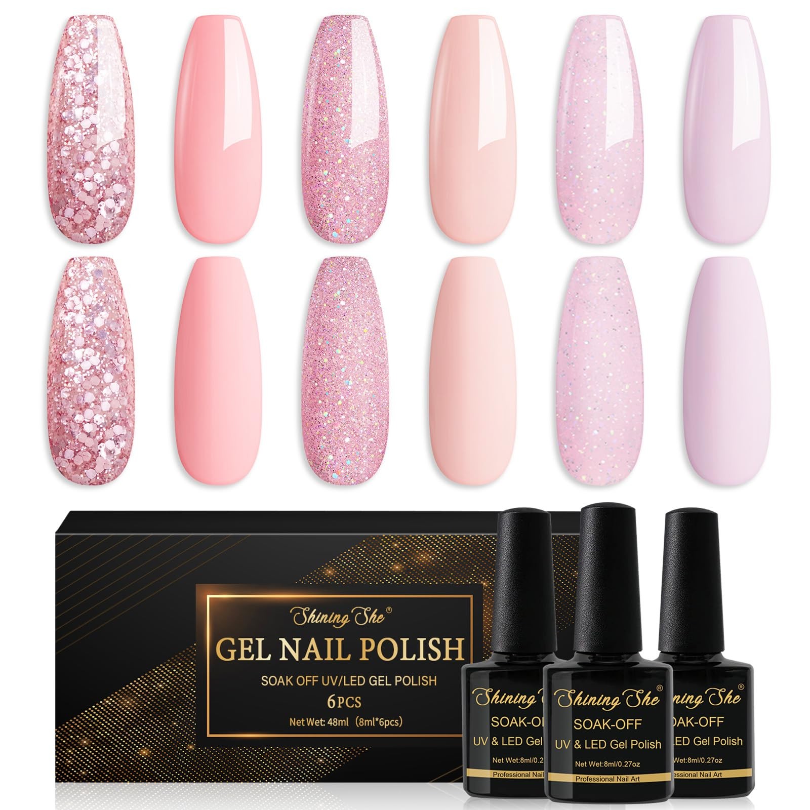 Smalto Semipermanente Delicato Rosa Nudo e Glitter - Set 6 Pezzi