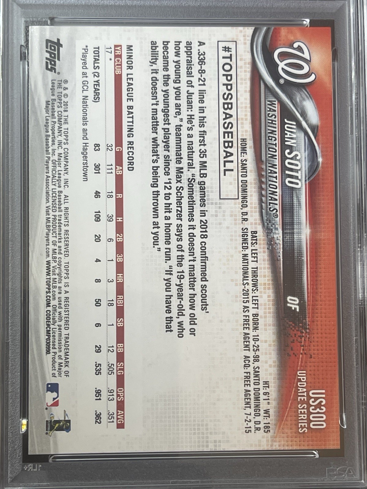 Juan Soto RC 2018 Topps Update #US300 Juan Soto Rookie Card RC PSA 10 GEM MINT view 4
