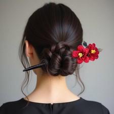 Red Flower Hairpin Chinese Style Hanfu Hair Stick Women Updo Hair Accessory