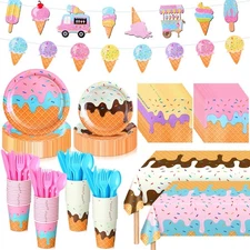 Domensi 214 Pcs Ice Cream Party Supplies for 30 Guests, Plates, Cups, Napkins...