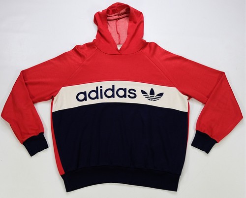 Rare VTG ADIDAS Spell Out Trefoil Color Block Striped Hoodie Sweatshirt 80s 90s