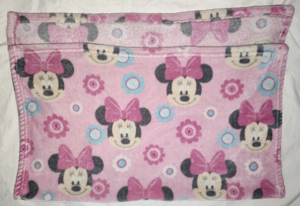 Disney Baby Minnie Mouse Blanket Pink Face Blue Flowers Soft Fleece Bow White - Image 3 of 4
