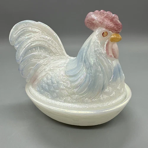 Fenton Large Art Glass Rooster Nest Pearlized Covered Dish Handpainted Vintage