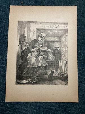 1884 Print ,Nursery, Open Fire, Doll, Cat,  Kettle, etc., Antique  Print