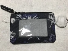 VERA BRADLEY ZIP ID CASE LIGHTEN UP FROSTED  FLORAL BLACK BLUE WITH KEYCHAIN NWT