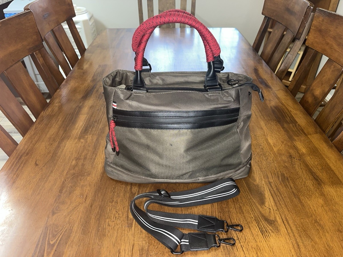 Mouflon Andromeda Satchel Bag w Crossbody Strap Navy Red Handles