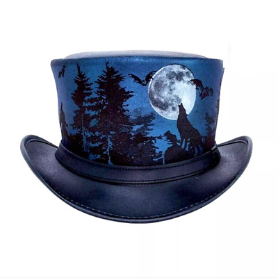 Black Leather Top Hat with Moon Wolf Night Print   Gothic Style