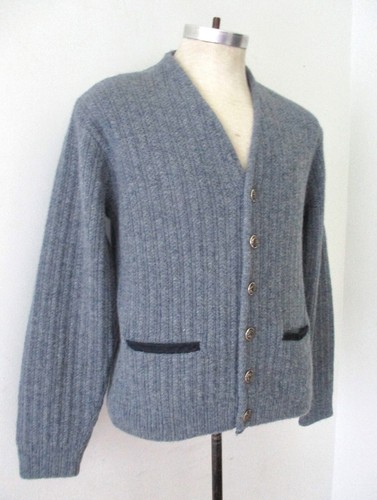 Vtg 60s Blue Textured Stripe Dad Grunge Cardigan Pocket Sweater Crest Buttons M - Picture 3 of 6