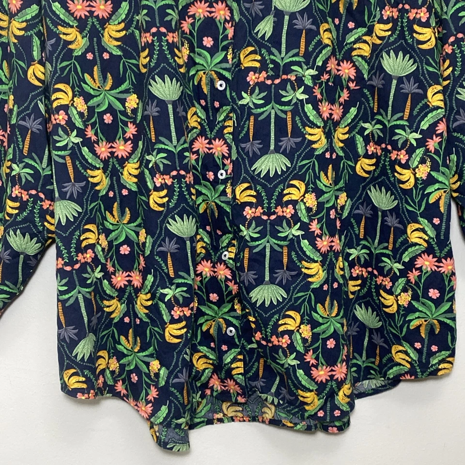 Top con botones estampado floral palmera plátano tropical azul marino antiguo para mujer XXL Foto 4 de 4