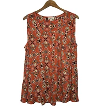 Style Co Sleeveless Top Size XL Floral Orange Button Front Scoop Neck Boho Hi Lo