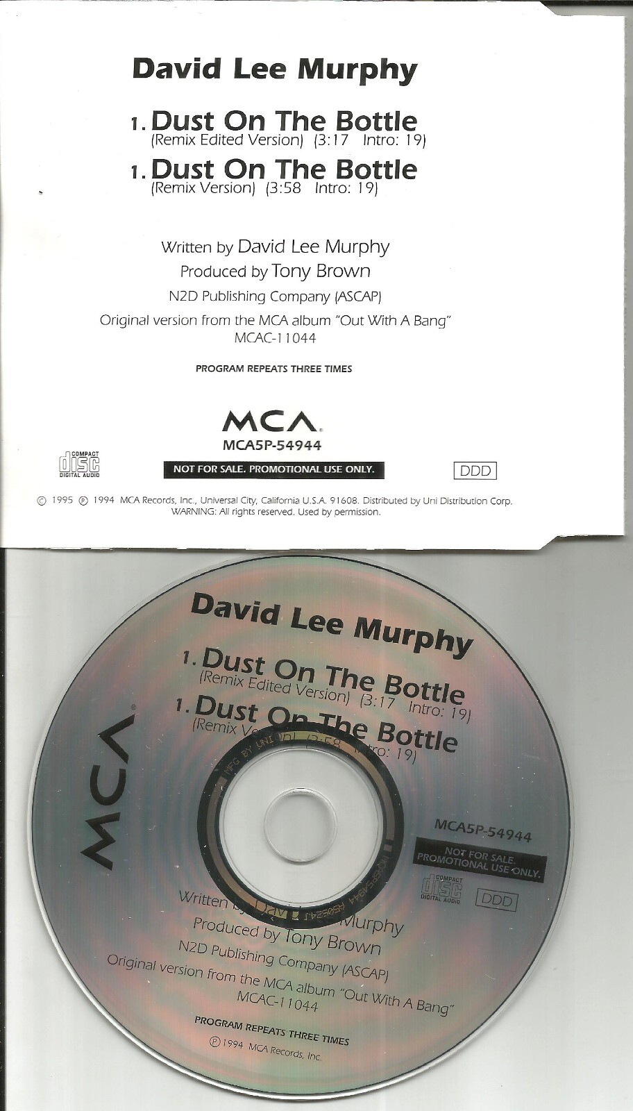 DAVID LEE MURPHY Dust On the Bottle w/ REMIX & EDIT PROMO DJ CD single USA 1994