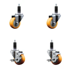 3 Inch Yellow Poly Wheel Swivel 1-1/8 Inch Expanding Stem Caster Set 2 Brakes