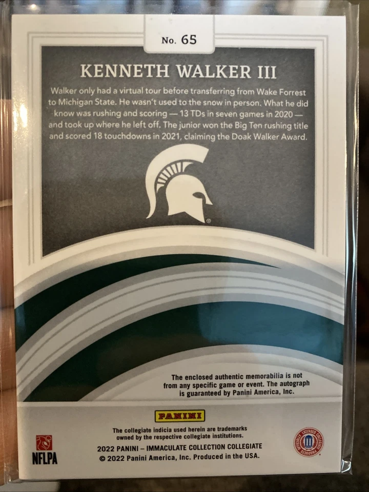 2022 Immaculate Kenneth Walker Collegiate Rookie Patch SSP /13 RC RPA Auto MSU🔥 - Image 2 of 2