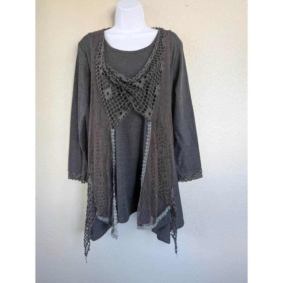 Pretty Angel Top Women's L Crochet Trim Open Front Grunge Boho Forest Fairy Silk - Image 2 of 4