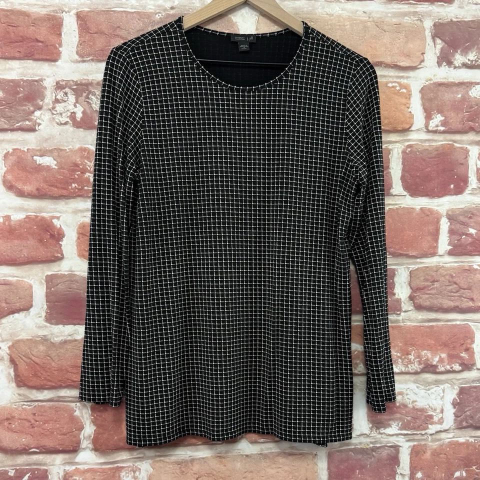 J Jill Топ женщин средний миниатюрный черный белый мини клетку эластичная повседневная рубашка - Изображение 2 из 4
