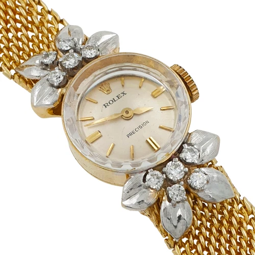 Rolex Precision Vintage 14k Yellow Gold Lady Watch with Natural Diamonds 1950s