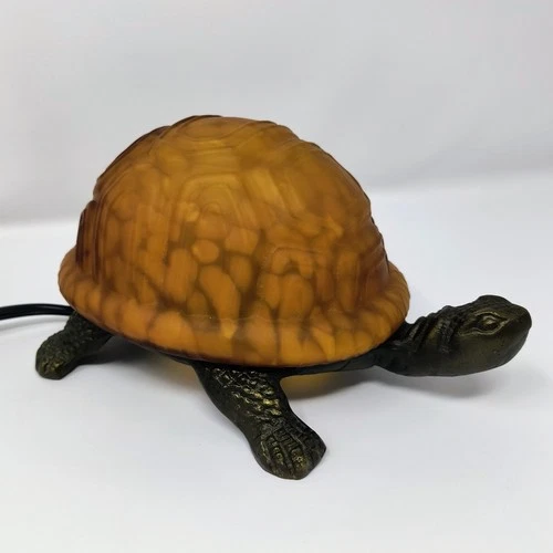 Vintage Amber Glass Turtle Lamp Cast Iron Tortoise Tiffany Style Night Light