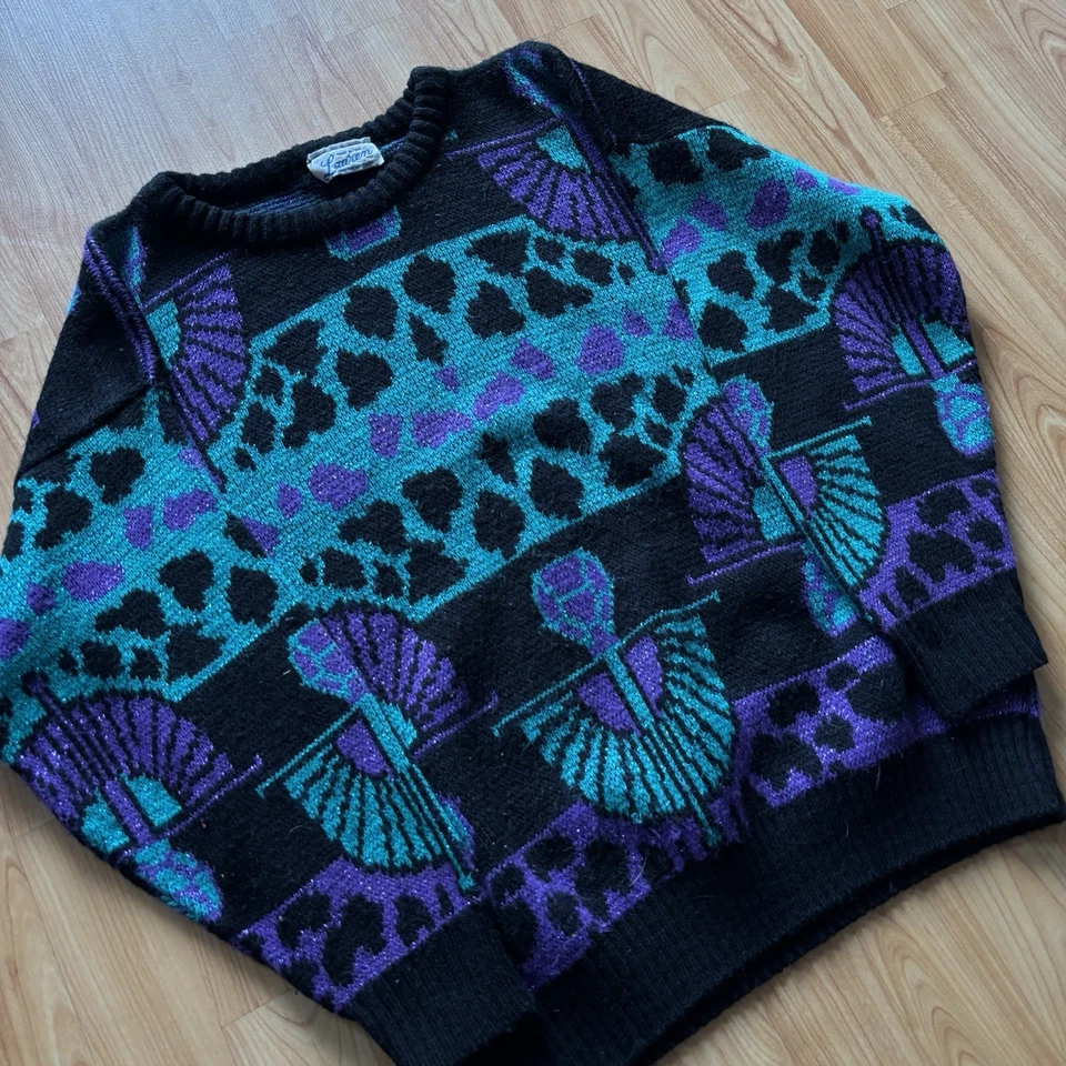 Sudadera Vintage 1980’s Mujer’s Lauren Trippy Geométrica Tribal Brillo Talla L! Foto 3 de 4