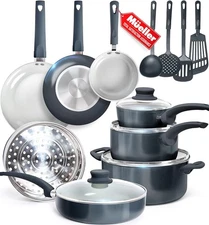 Mueller 16-Piece Healthy Stone Pots and Pans Set Non Stick, Non Toxic Ceramic Co