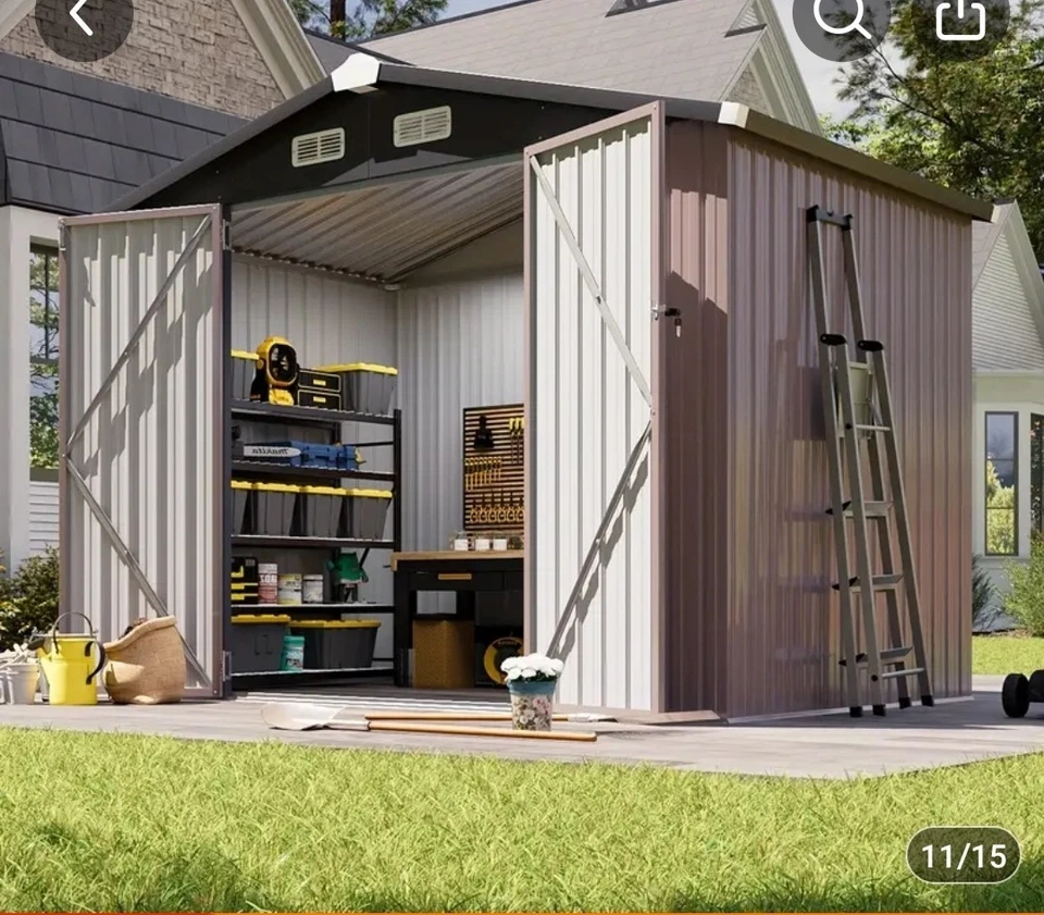 Cobertizo de almacenamiento exterior de alta calidad de 10 x 10 pies, metal, puertas con cerradura, (marrón) Foto 2 de 4