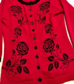 Vintage 1950s Dita Von Teese Cardigan STYLE Red & Black Floral Roses Sweater XS