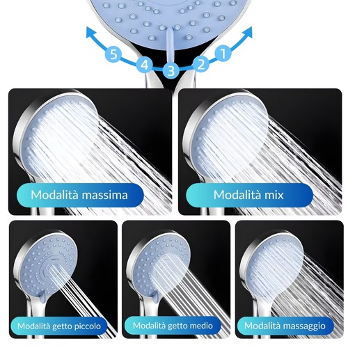 Doccetta Soffione Vasca Doccia 5 Funzioni Multigetto Anticalcare Abs Cromo - Foto 3 di 6